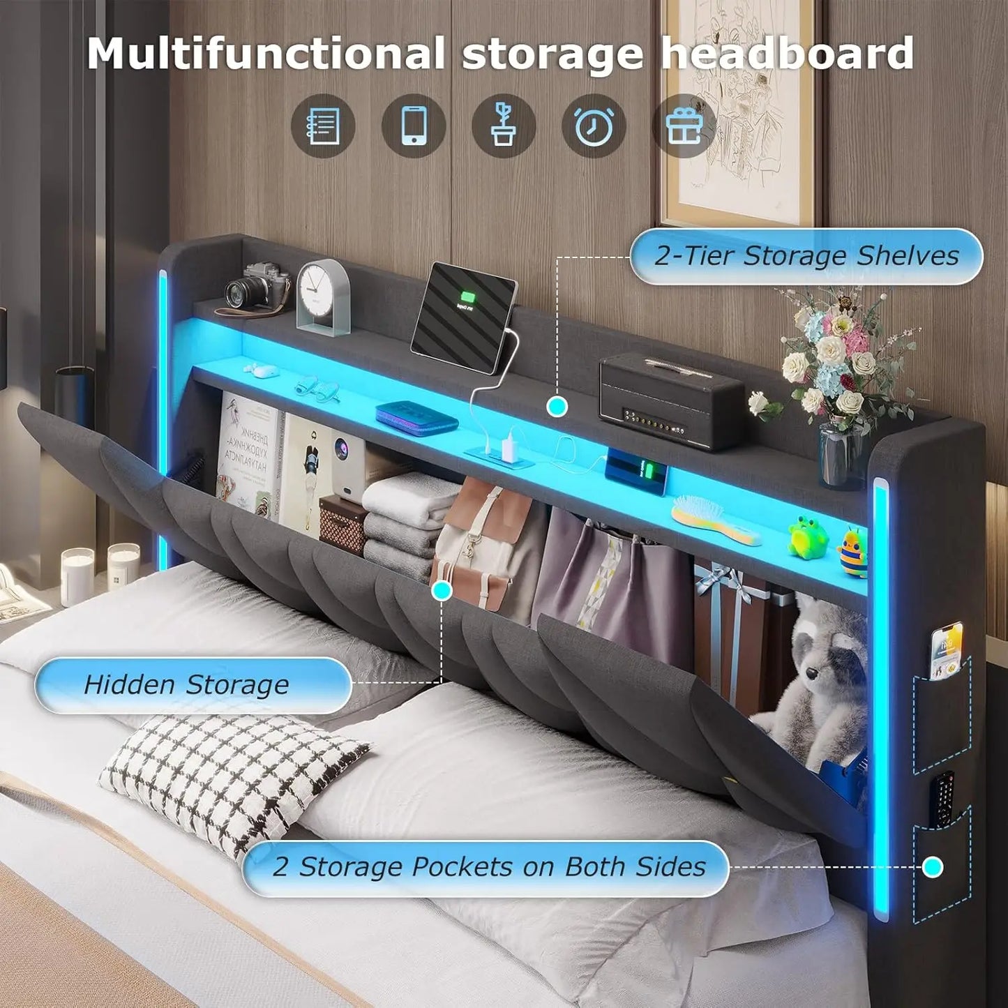 LED king bed frame with storage and charging station