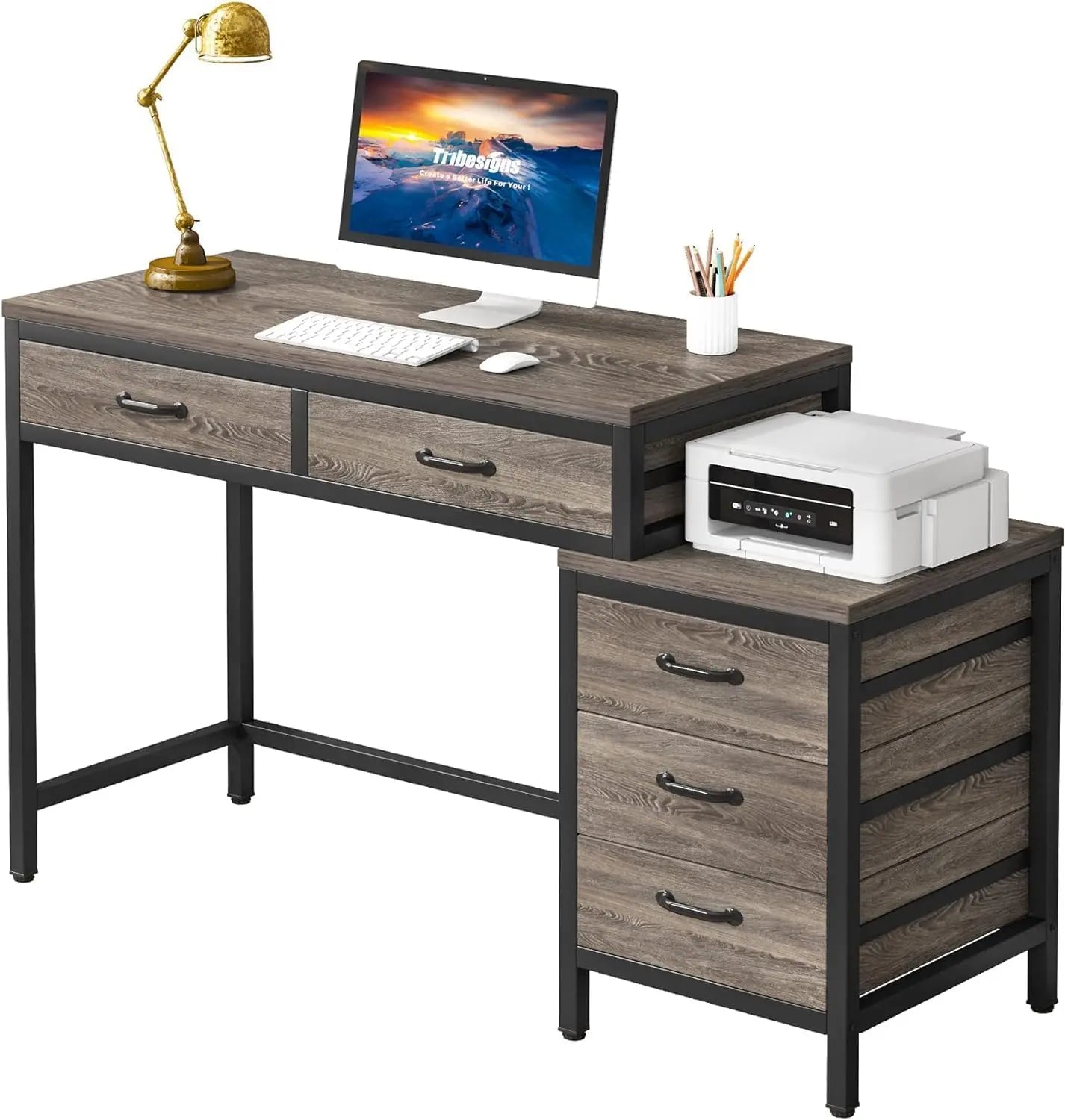 Industrial computer desk with five drawers and storage