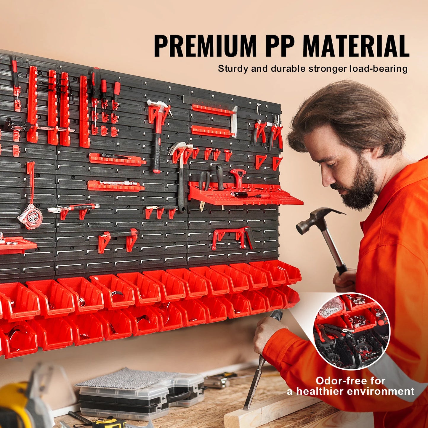 Wall-mounted storage bins and organizer for tools and parts