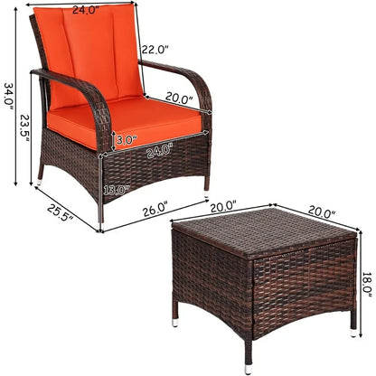 Three-piece wicker patio furniture set with glass table