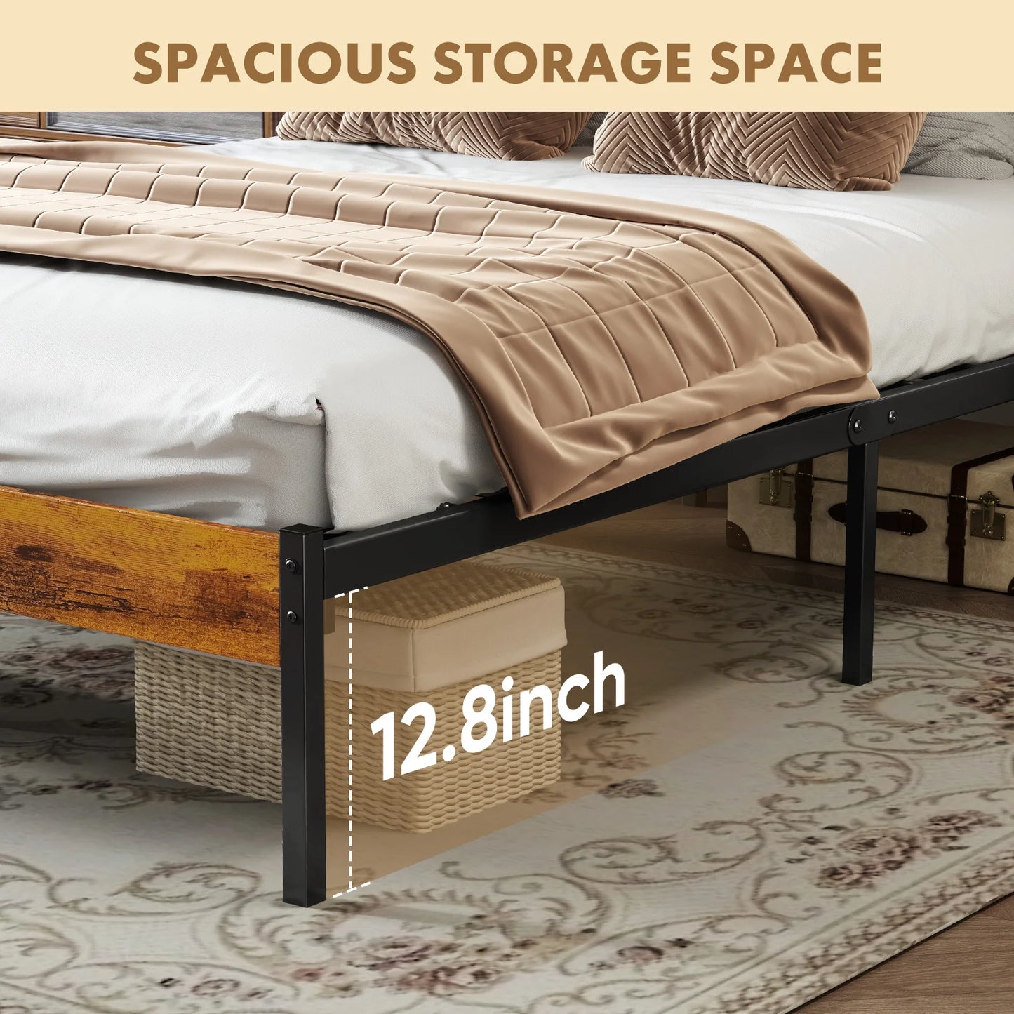 Wooden headboard platform bed with sturdy metal frame
