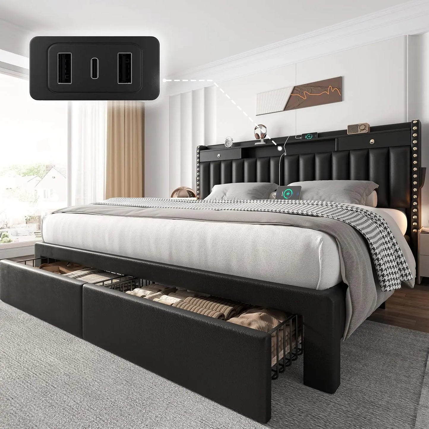 King bed frame with storage and USB charging