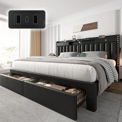 King bed frame with storage and USB charging