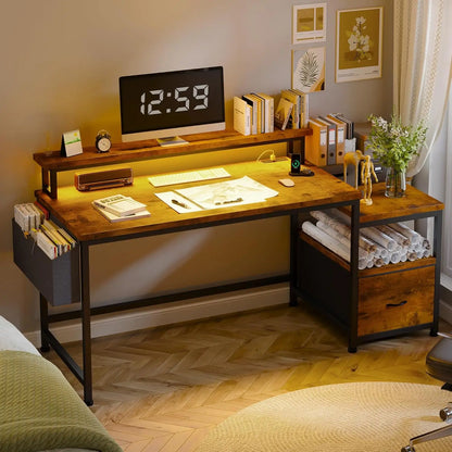 Office desk with drawers, outlets, and printer space