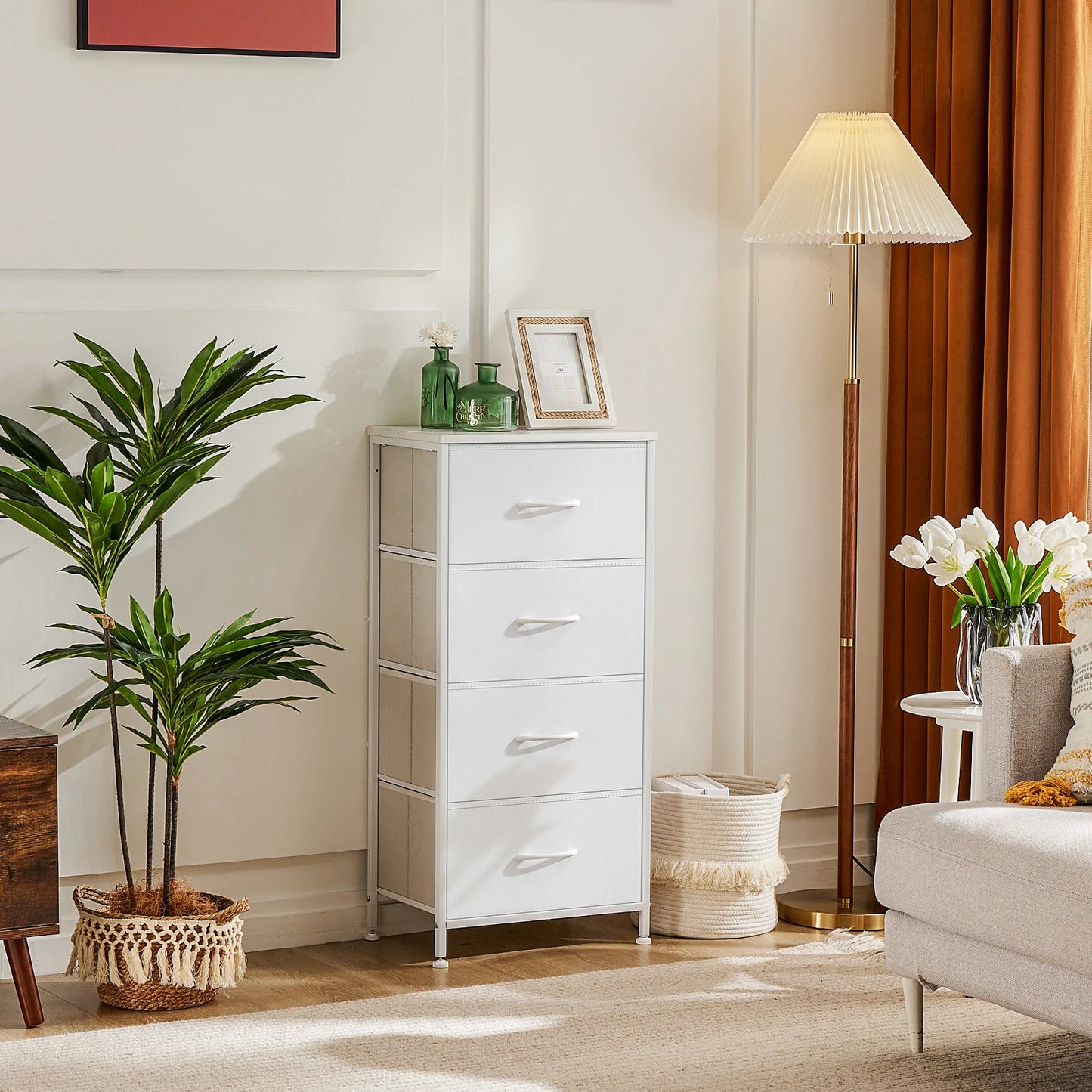 Bedroom dresser with four fabric storage drawers