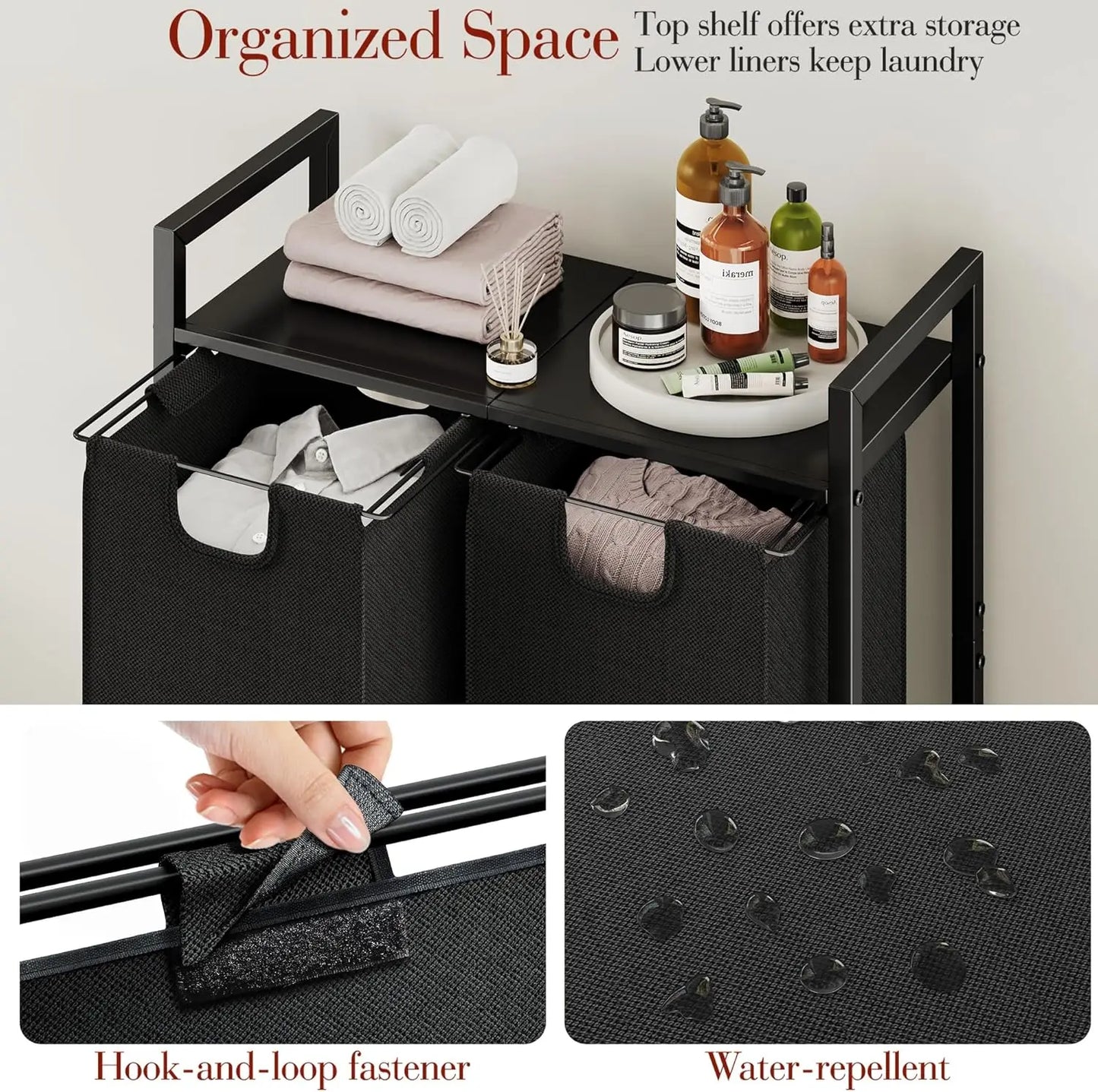 Dual compartment laundry hamper with storage shelf