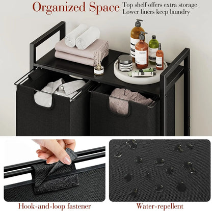 Dual compartment laundry hamper with storage shelf