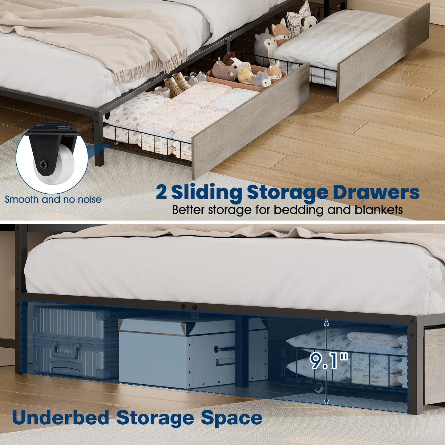 LED corner bed frame with storage and charging station