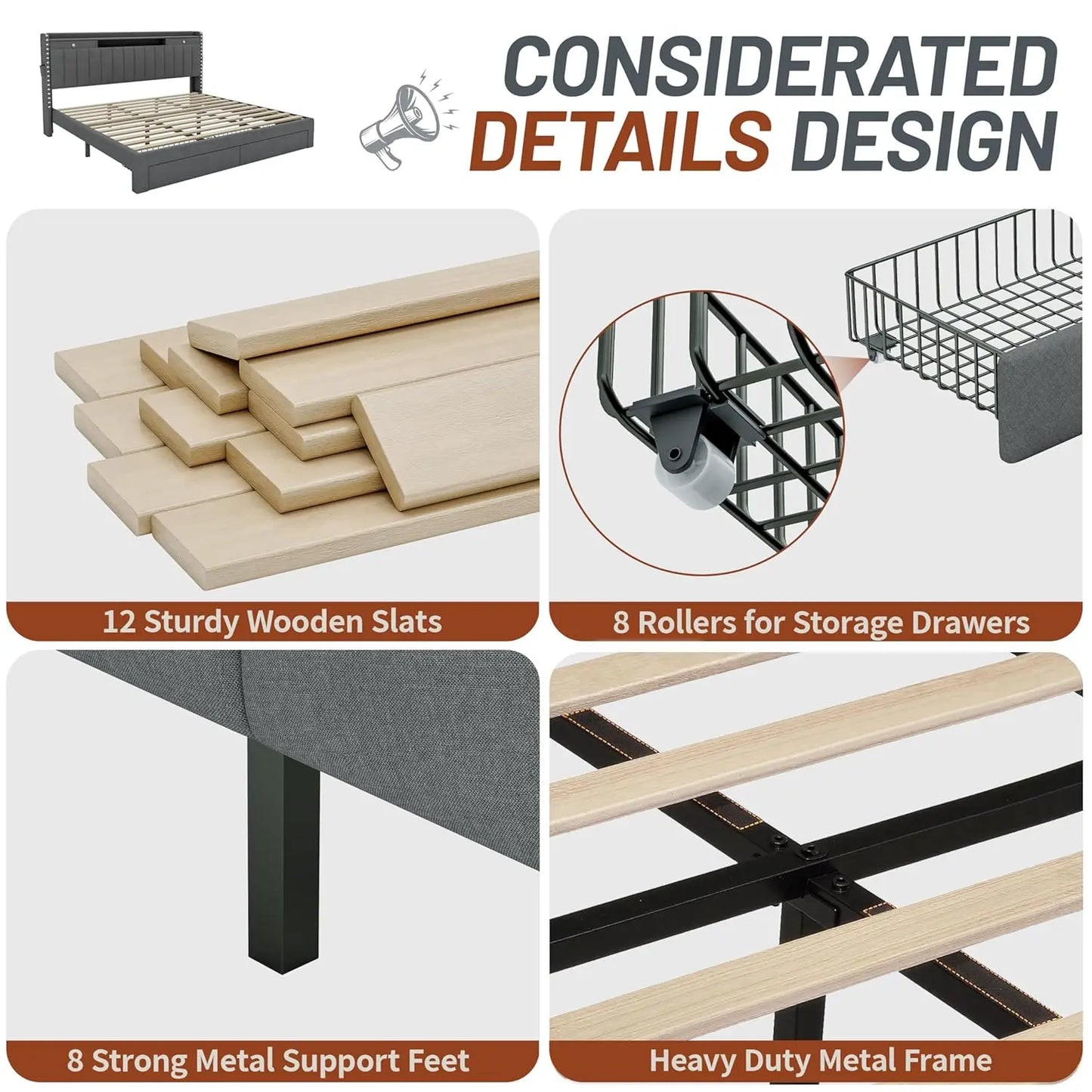 King bed frame with storage and USB charging