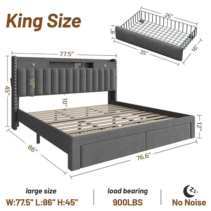 King bed frame with storage and USB charging
