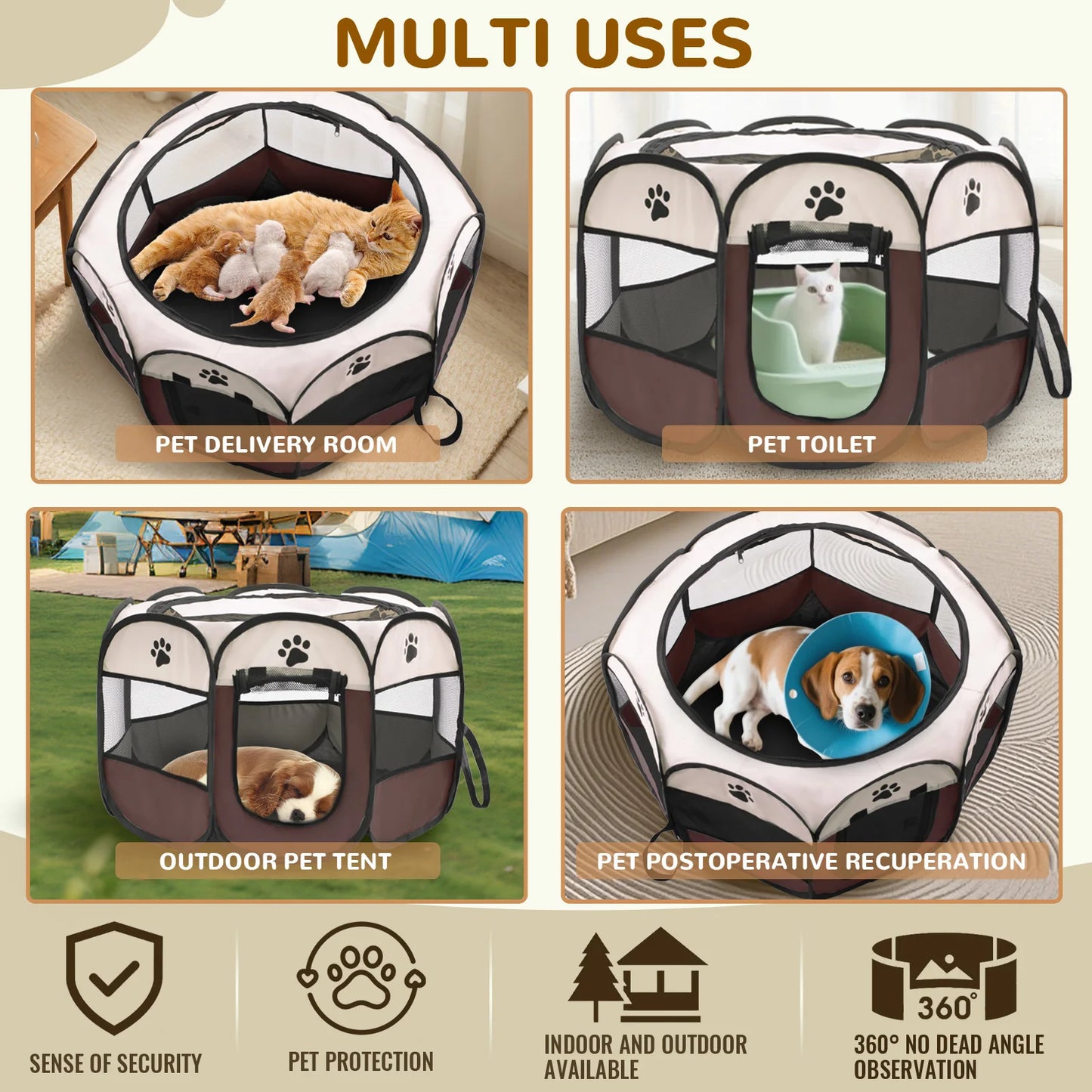 Portable foldable pet playpen for indoor and outdoor use