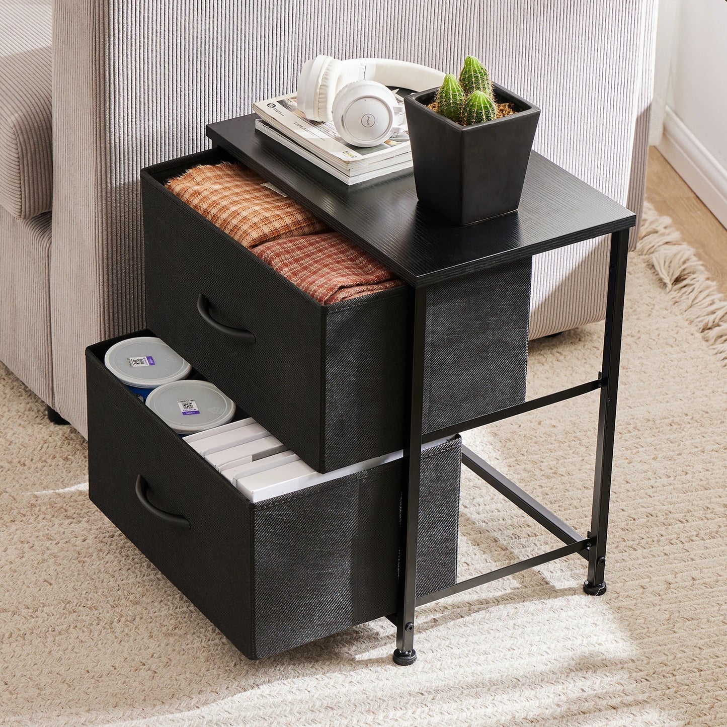 Bedroom nightstand with two fabric storage drawers