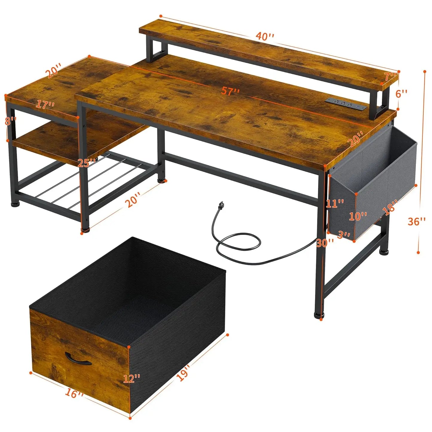 Office desk with drawers, outlets, and printer space