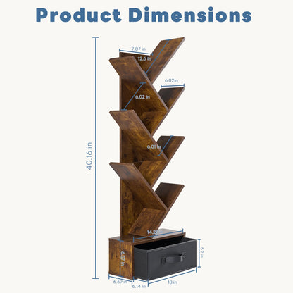 Seven-tier narrow geometric bookshelf with drawer