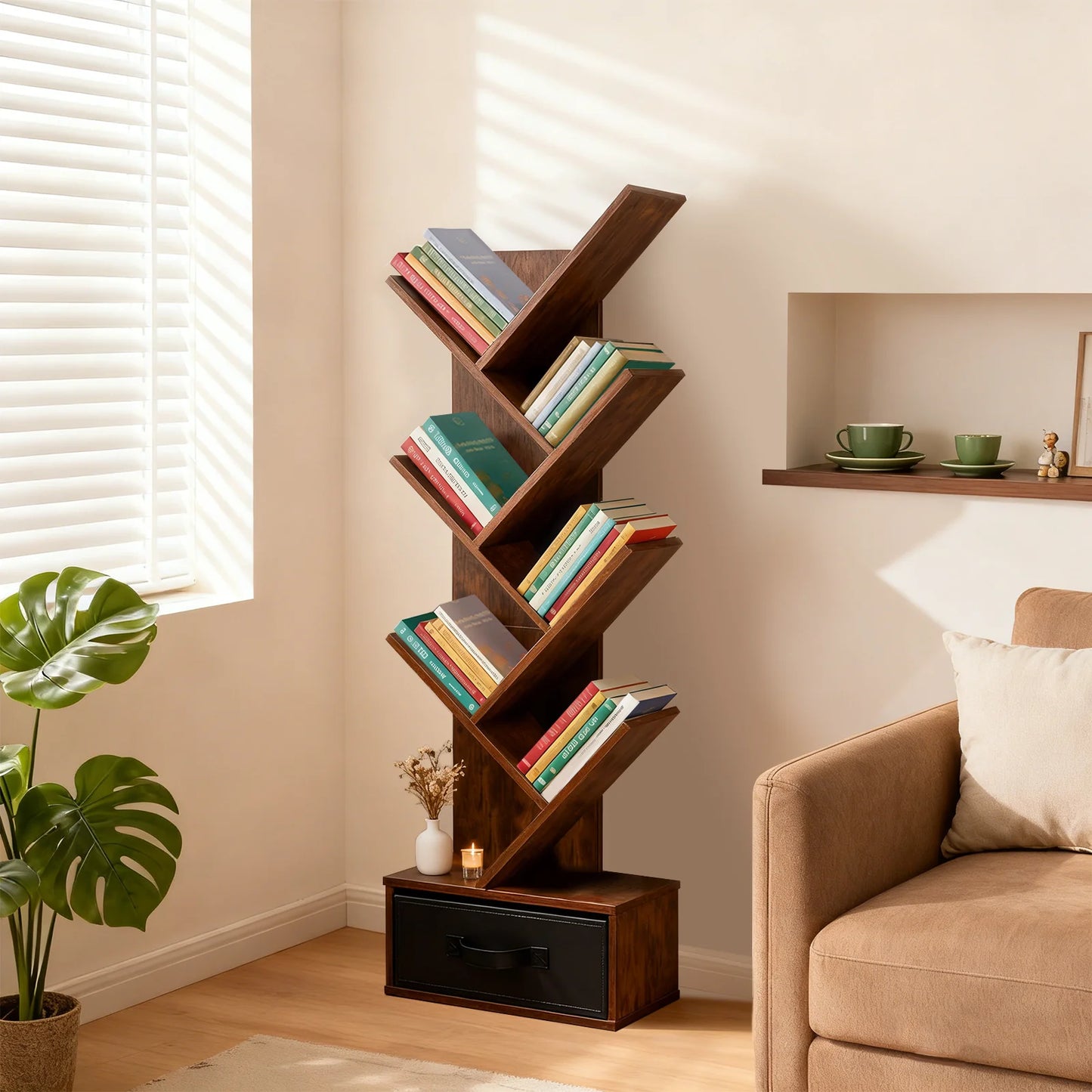 Seven-tier narrow geometric bookshelf with drawer
