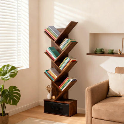 Seven-tier narrow geometric bookshelf with drawer