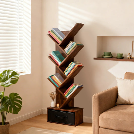 Seven-tier narrow geometric bookshelf with drawer