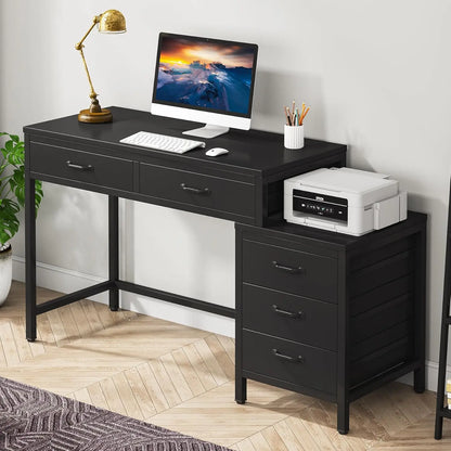 Industrial computer desk with five drawers and storage