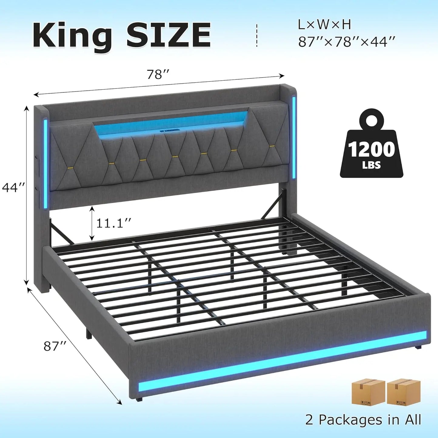 LED king bed frame with storage and charging station