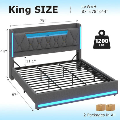 LED king bed frame with storage and charging station