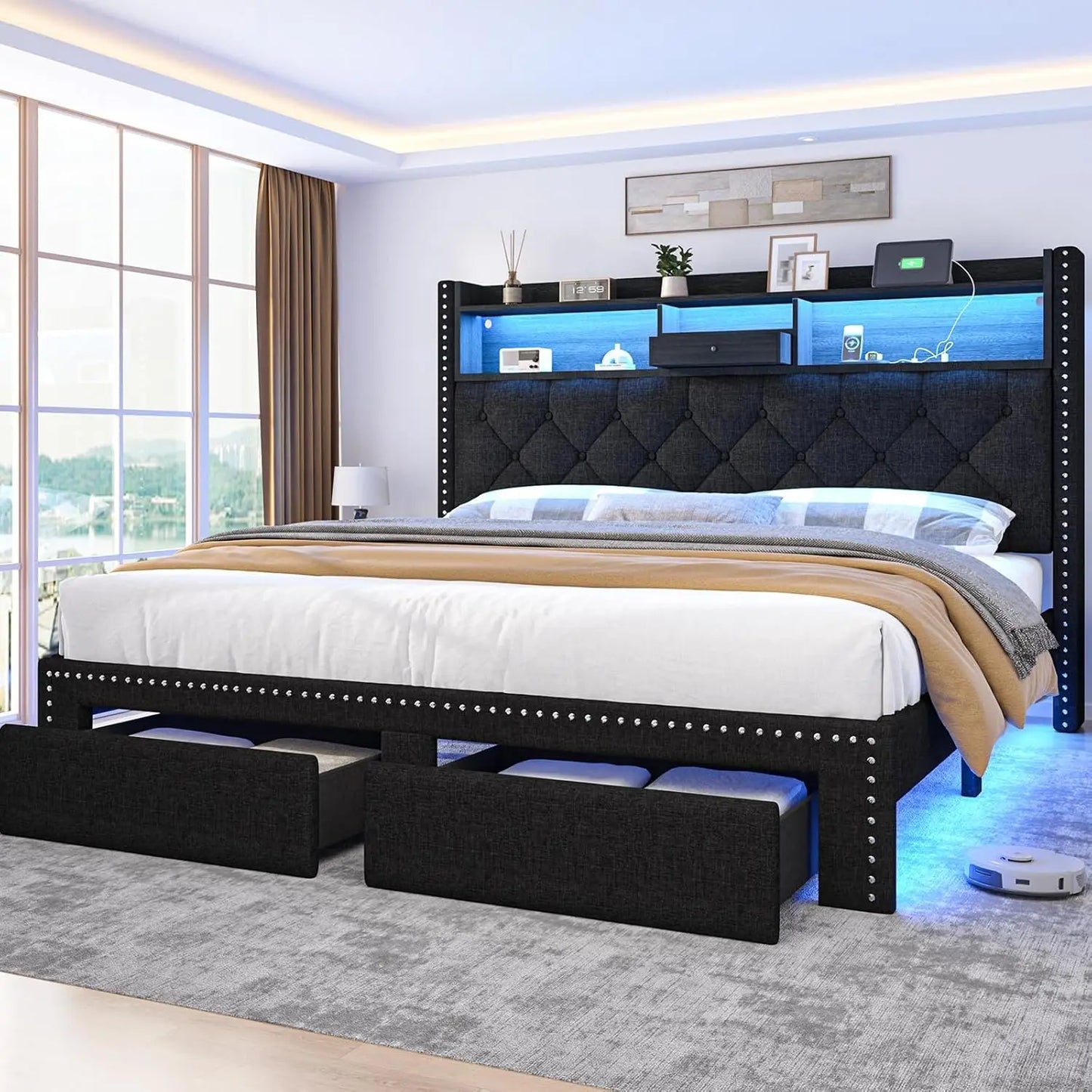 Queen platform bed with storage and charging station