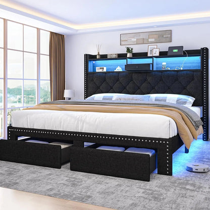 Queen platform bed with storage and charging station