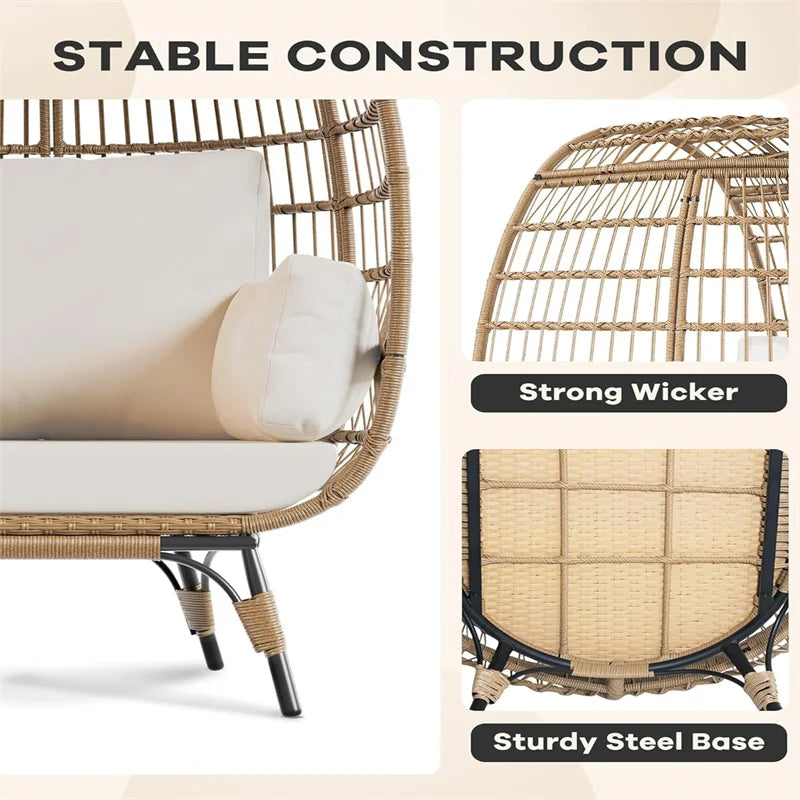 Oversized wicker egg chair with cushions and steel frame