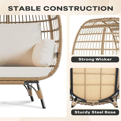 Oversized wicker egg chair with cushions and steel frame