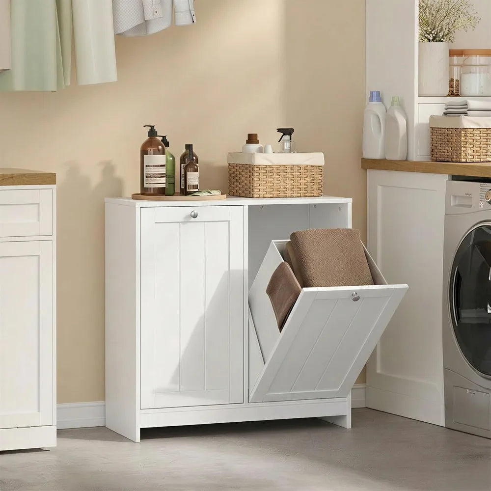 Tilt-out double laundry hamper cabinet with baskets