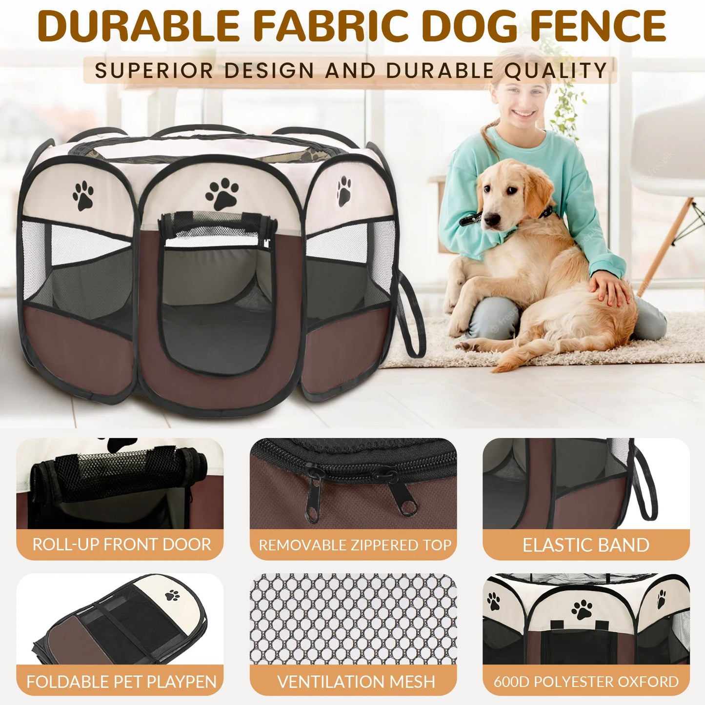 Portable foldable pet playpen for indoor and outdoor use