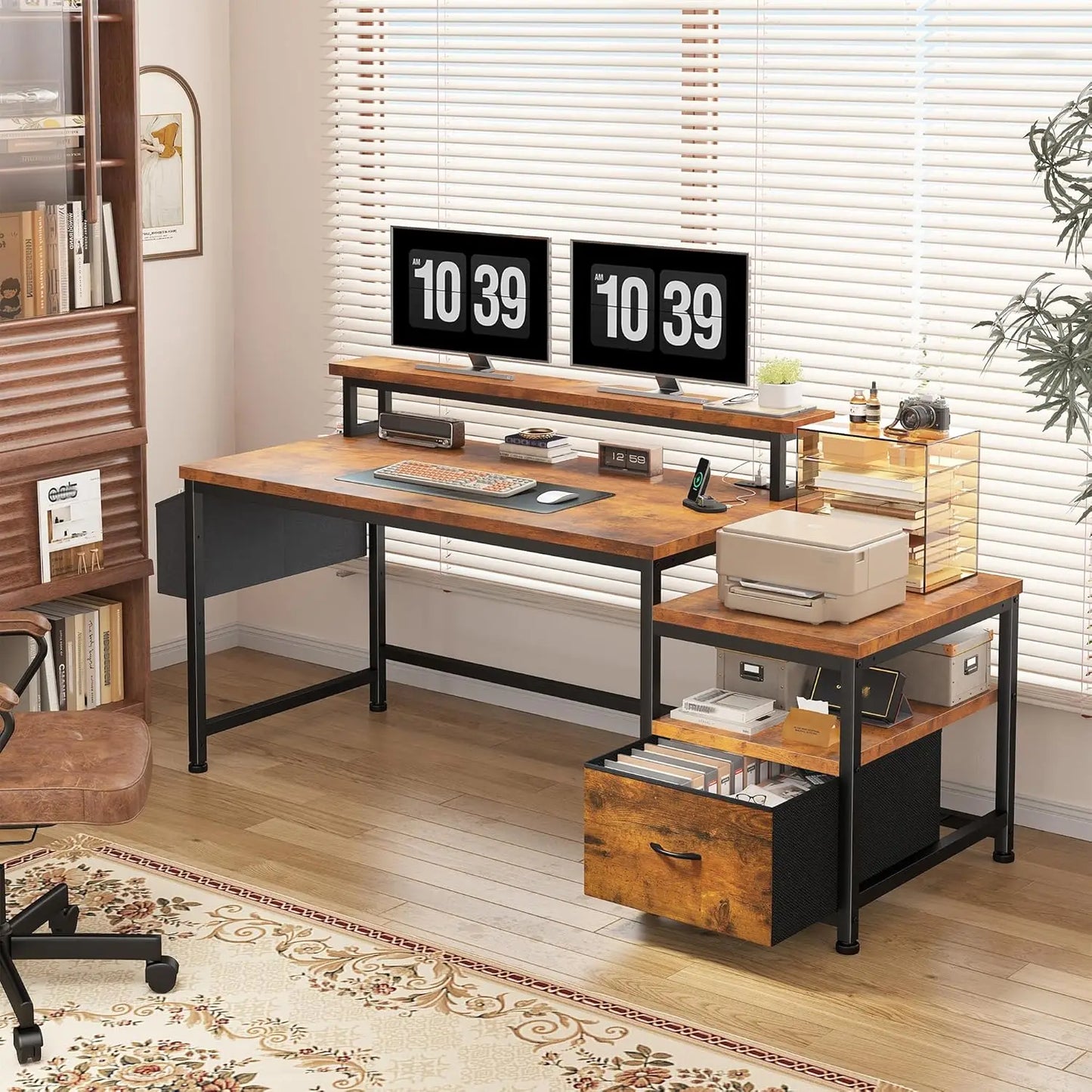 Office desk with drawers, outlets, and printer space