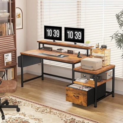 Office desk with drawers, outlets, and printer space
