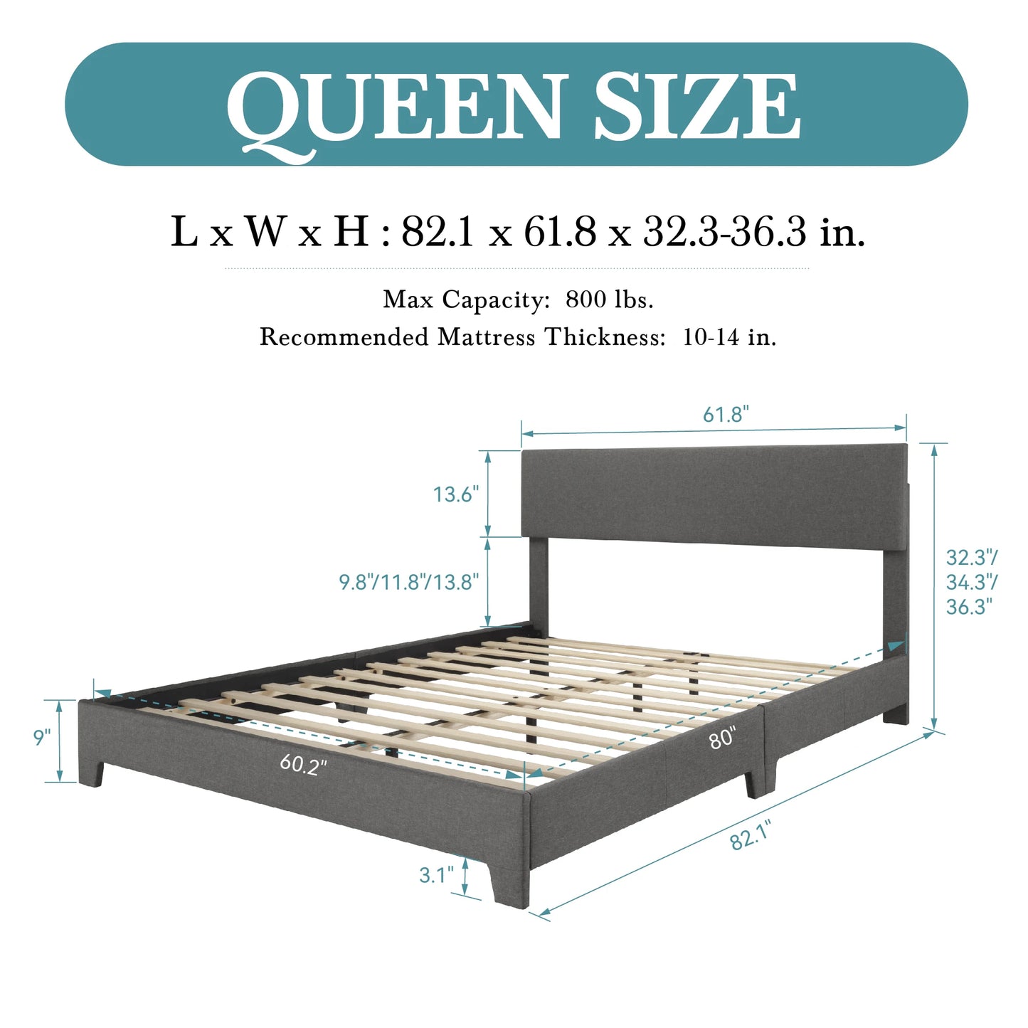 Noise-free upholstered bed frame with adjustable headboard