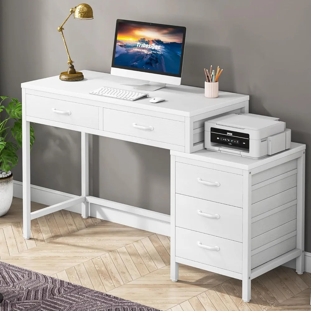Industrial computer desk with five drawers and storage