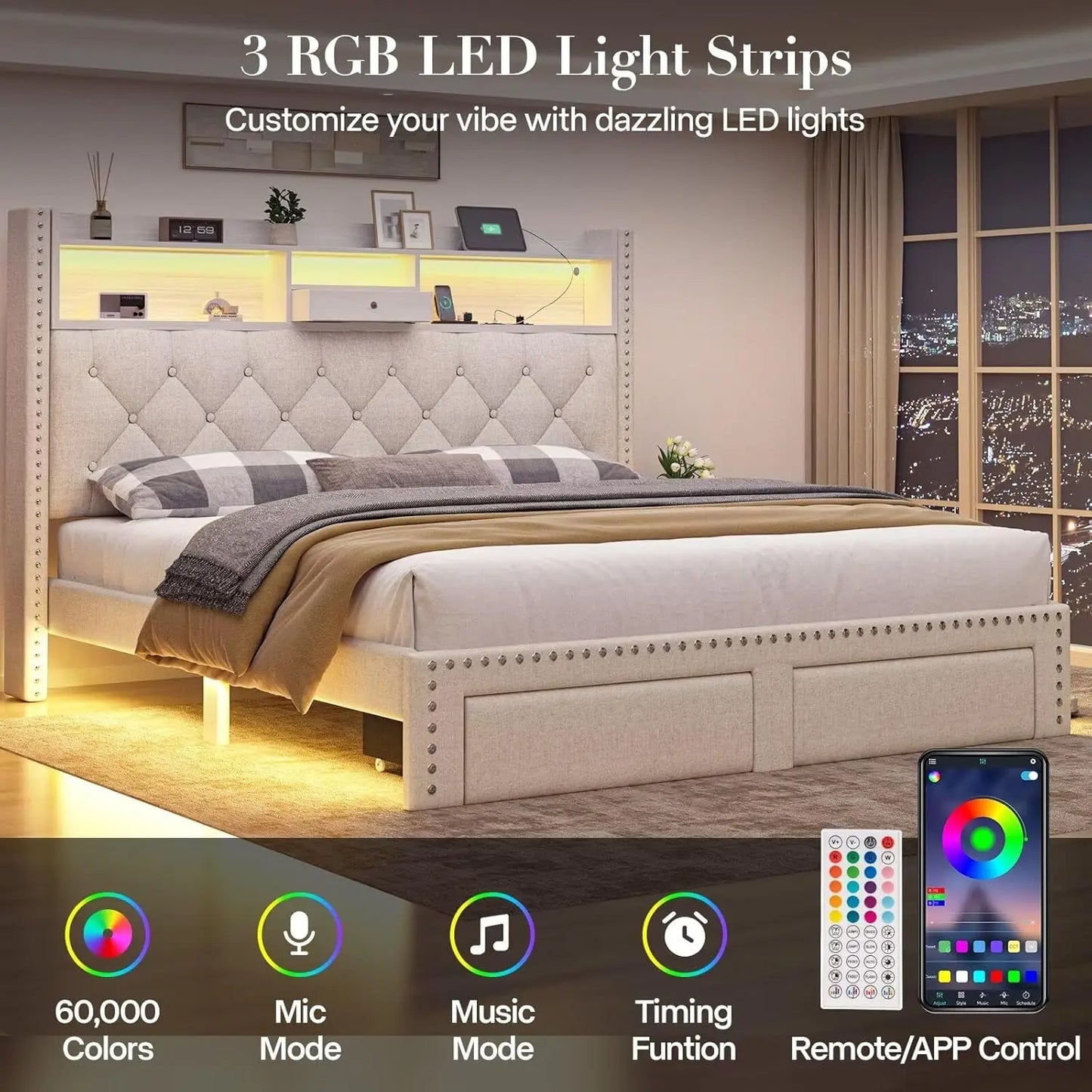 Queen platform bed with storage and charging station