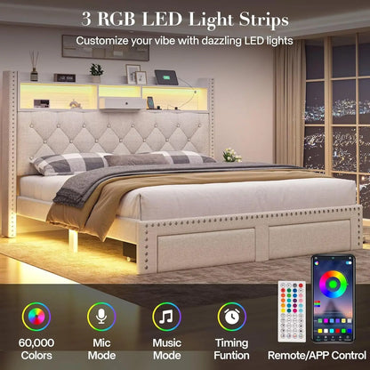 Queen platform bed with storage and charging station
