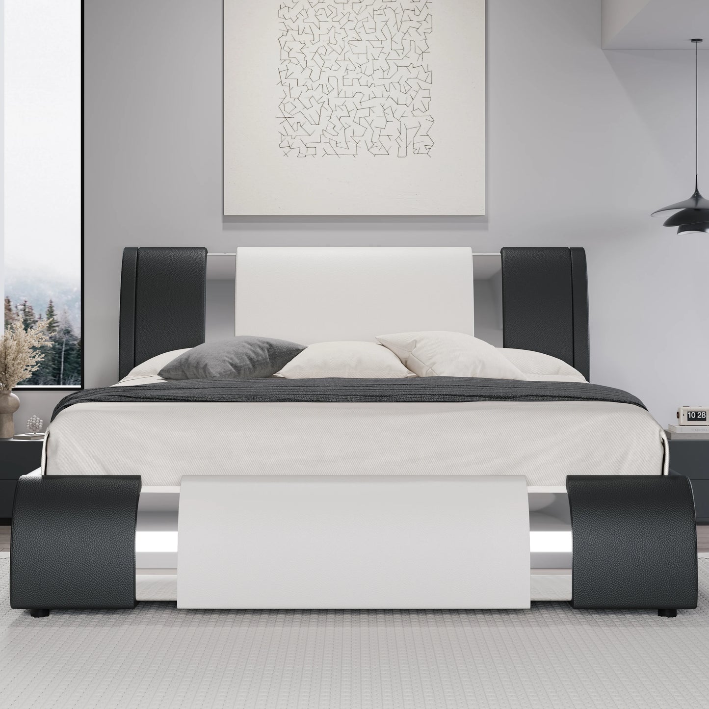 Modern faux leather platform bed with adjustable headboard
