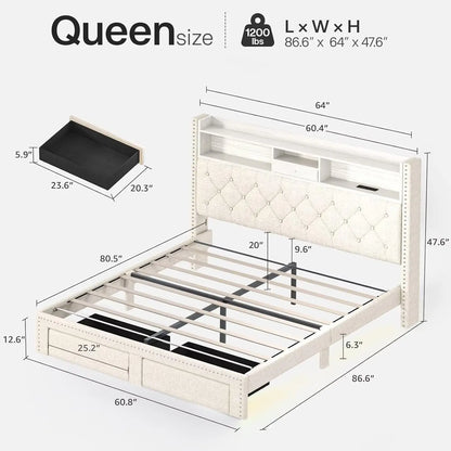 Queen platform bed with storage and charging station