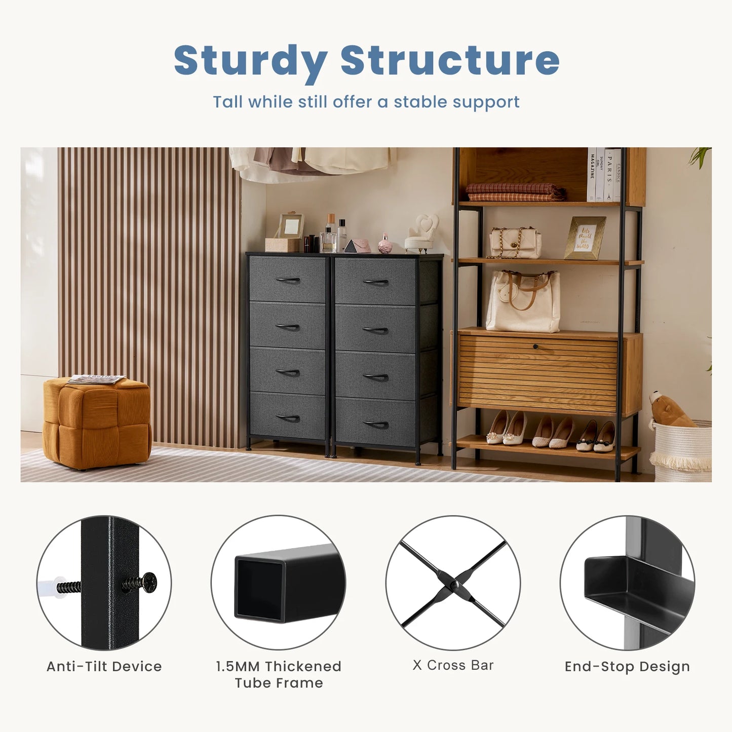 Bedroom dresser with four fabric storage drawers