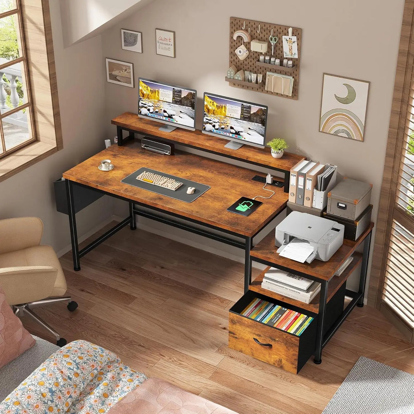 Office desk with drawers, outlets, and printer space