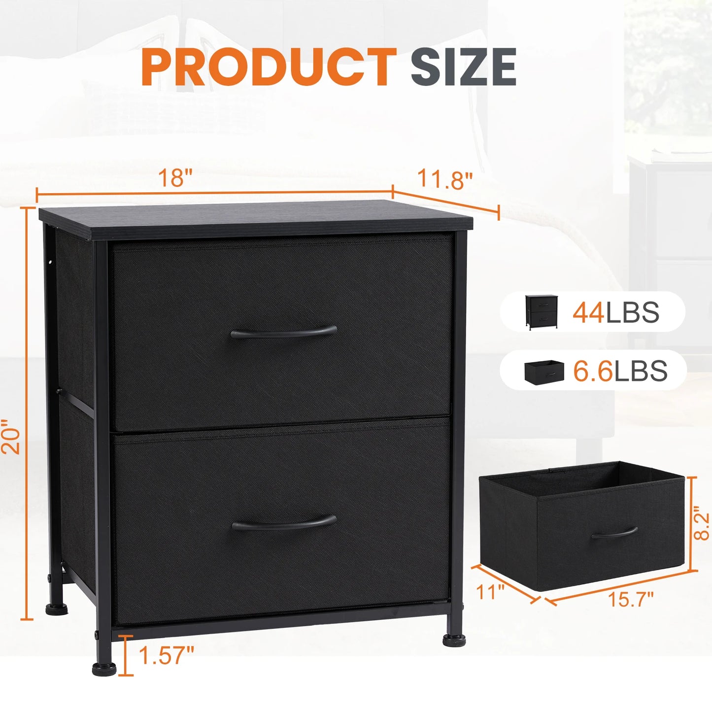 Bedroom nightstand with two fabric storage drawers