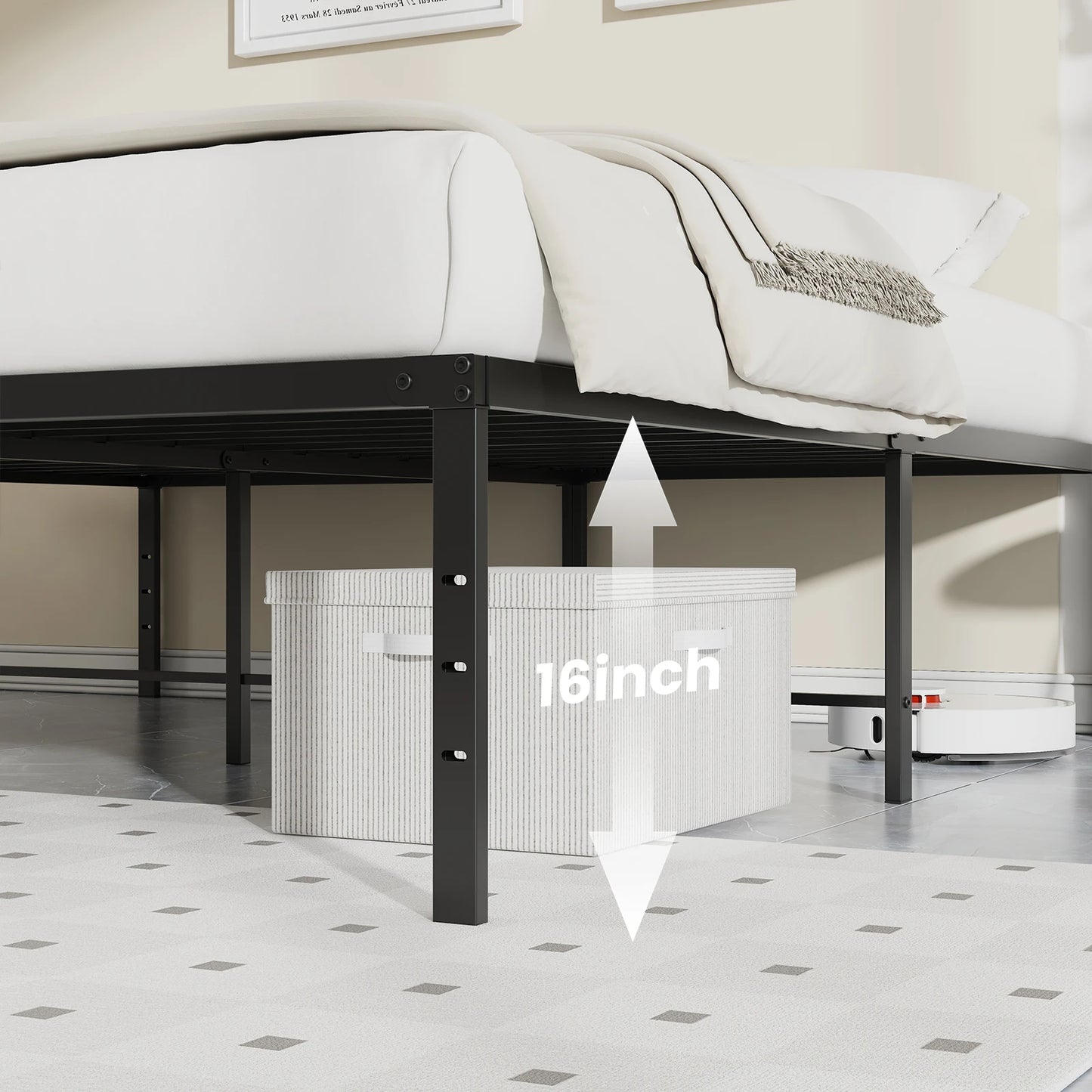 Heavy-duty metal platform bed frame with storage space