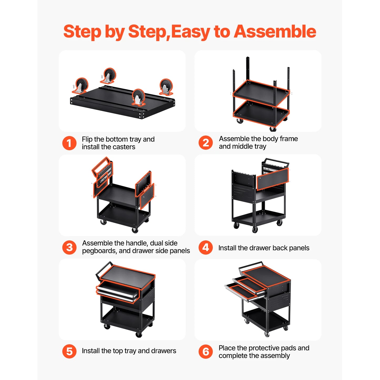 Five-tier rolling tool cart with pegboard storage