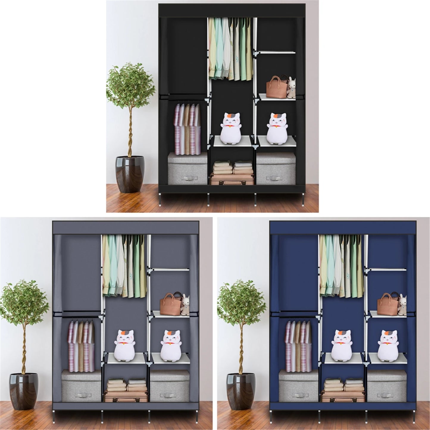 Portable wardrobe closet rack with storage shelves