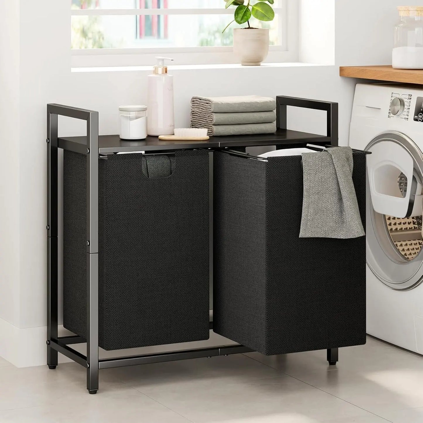 Dual compartment laundry hamper with storage shelf