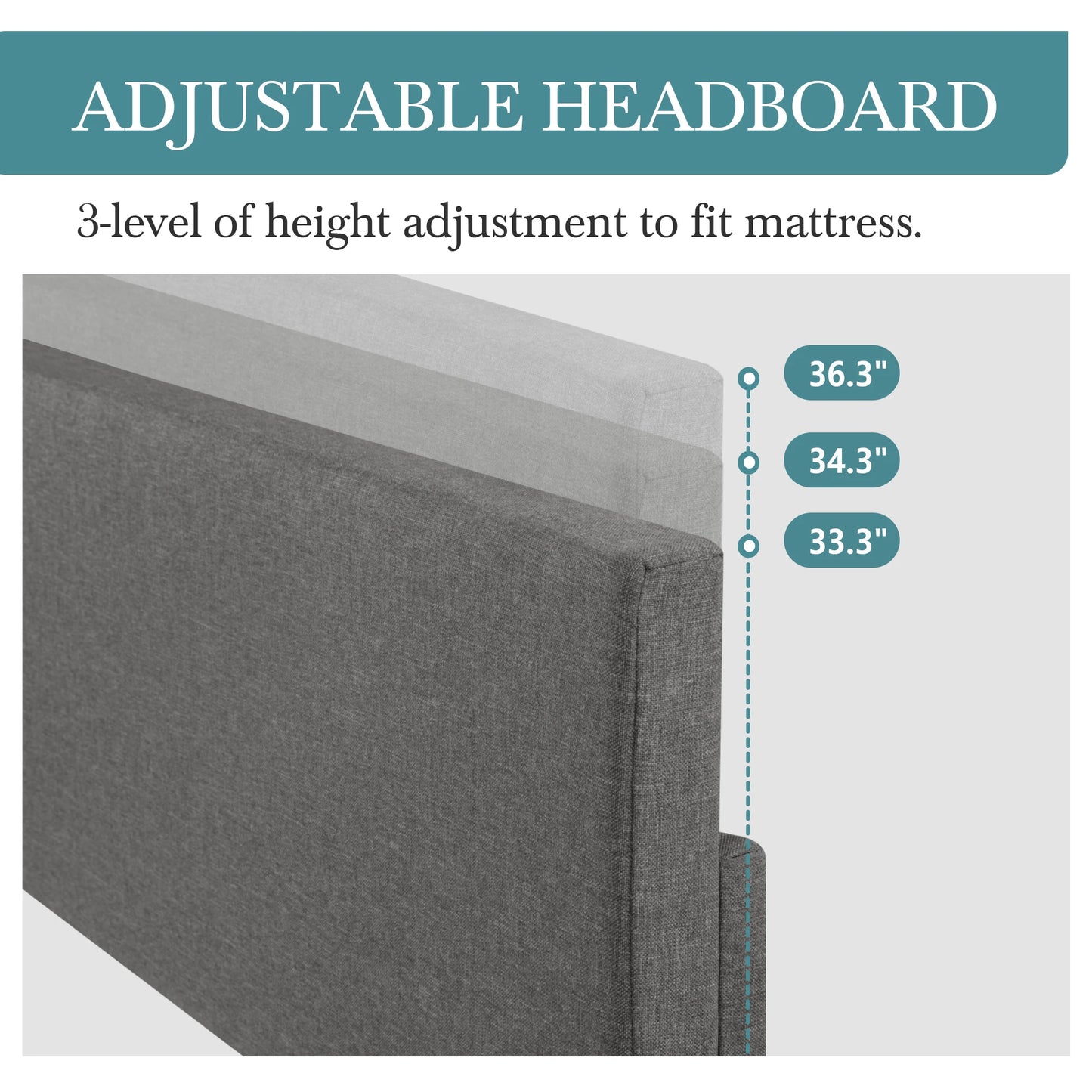 Noise-free upholstered bed frame with adjustable headboard