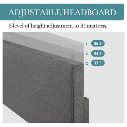 Noise-free upholstered bed frame with adjustable headboard