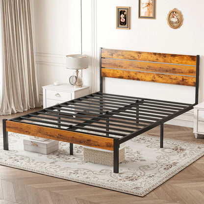 Wooden headboard platform bed with sturdy metal frame
