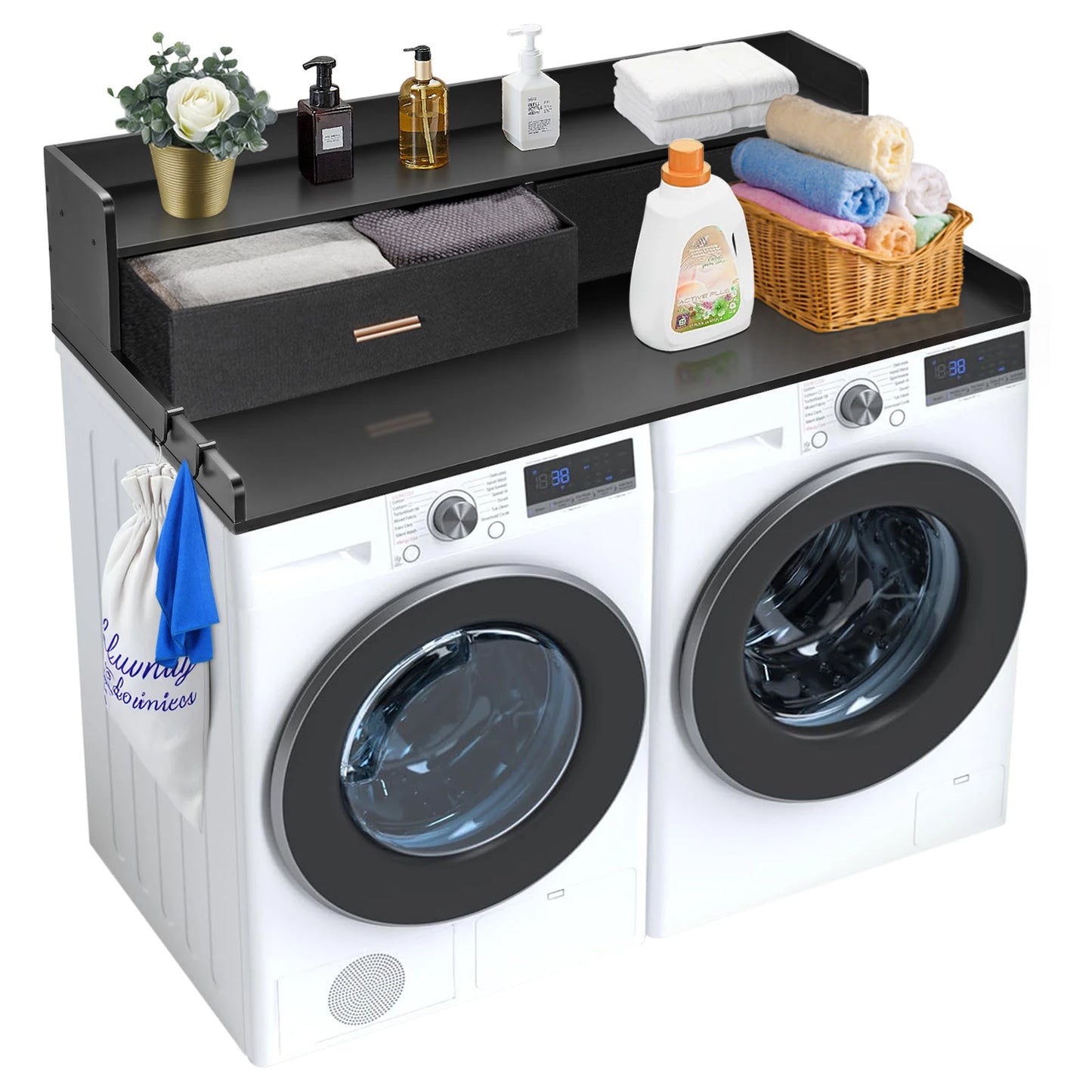 Wooden washer dryer countertop with storage drawer