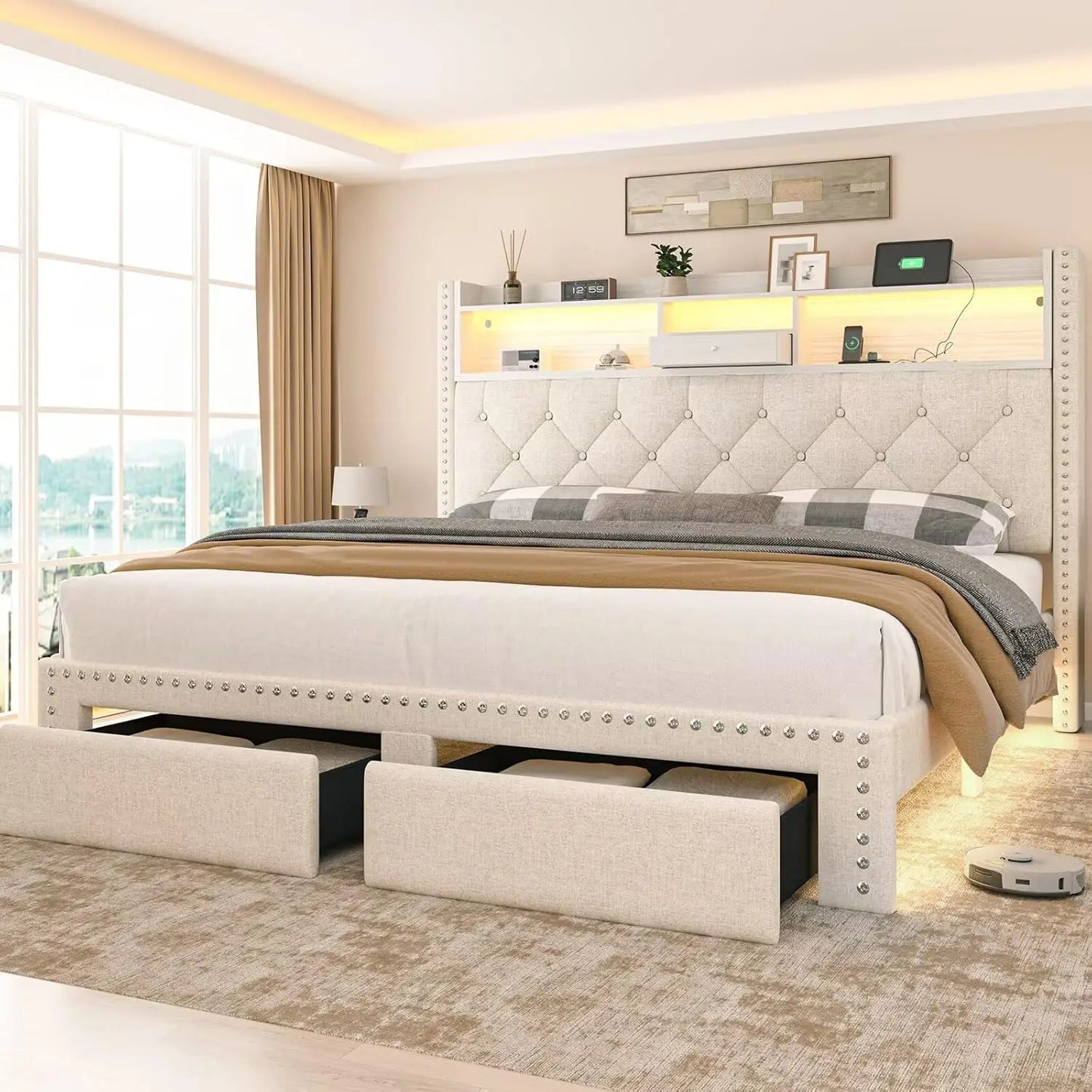 Queen platform bed with storage and charging station